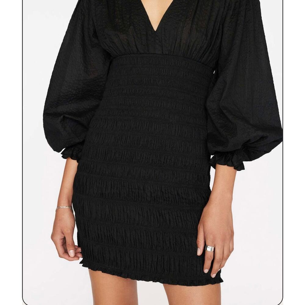 FRAME V-Neck Textured Smocked Blouson Puff Sleeves Mini Dress XS - Picture 14 of 15